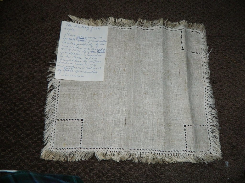 This piece of linen has a note attached that was written by Sarah Mocko St. Germain's grandmother. Submitted photo