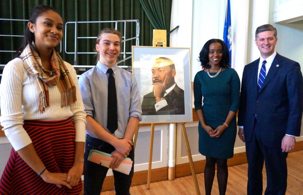 From left: Mariel Sofia Correa-Maynard of Hall High School, Taylor Andrew Steer of Conard High School, NBC Connecticut reporter Leslie Mayes, and West Hartford Mayor Scott Slifka at the town's 20th annual celebration of Martin Luther King Jr. Photo credit: Ronni Newton