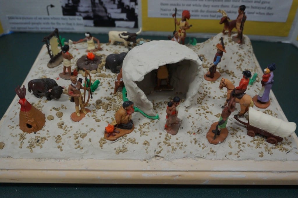 Amy Then and Reana Mucka included a colonial village in their exhibit on the Native American and European Exchange of Disease. Photo credit: Ronni Newton