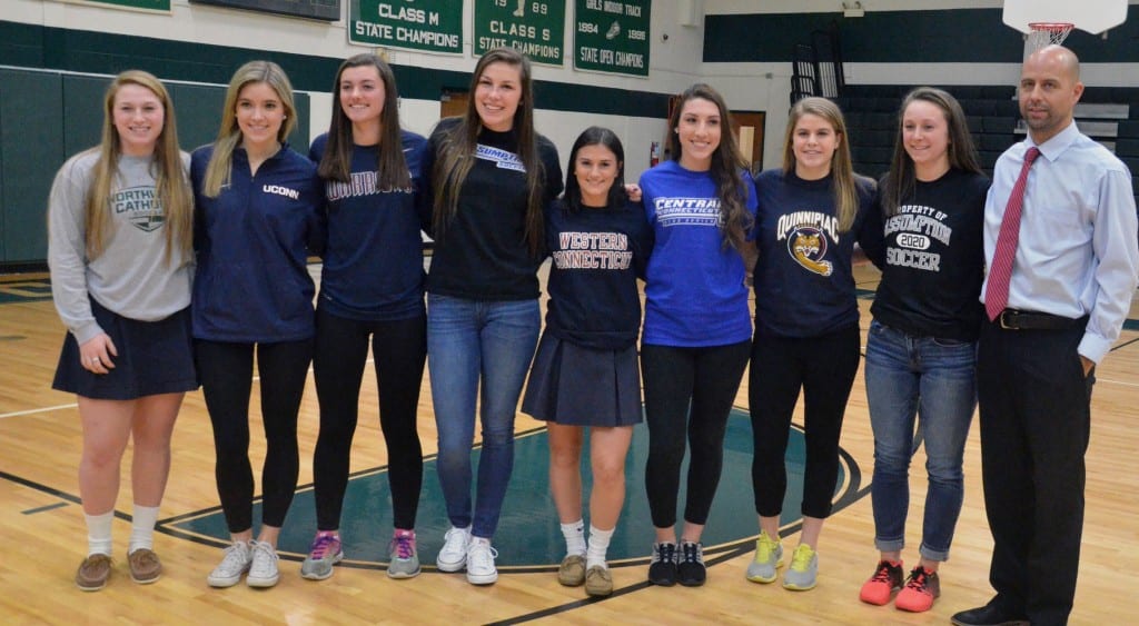 Northwest Catholic soccer players (from left): Rebecca Molin ’16, Anna Cronin ’16, Abbey Fitzsimmons ’16, Jessica Kelly ’16, Bailey Julian ’16, Kelsey Dornfried ’16, Mackenzie Tibball ’16, and Rachel Elliot ’16 with NWC Girls’ Soccer Coach Todd Sadler. Submitted photo