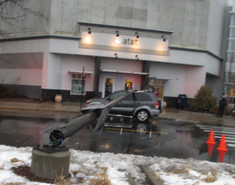 A light pole crashed into a vehicle at Westfarms in West Hartford on Tuesday afternoon. Photo courtesy of West Hartford Police