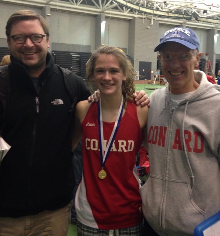 Libby McMahon wins 300m at Class LL in new school record in 41.85. Pictured left to right: (Coach Provencher, Coach Chase and Libby McMahon). Submitted photo