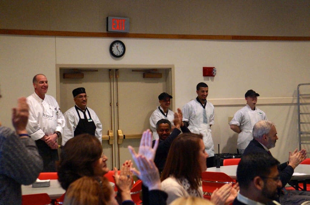 Chef Joe Zoni and the Sage staff received a round of applause and standing ovation for bringing great hot meals to the campus. Photo credit: Ronni Newton