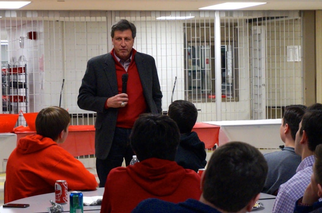 Gary LaRoque speaks to students and supporters of the Conard baseball program. Photo credit: Ronni Newton