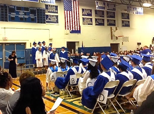 Hall High School graduates have traditionally worn either blue (male) or white (female) gowns and have been seated in alternating rows. Photo credit: Katie Cavanaugh (we-ha.com file photo)