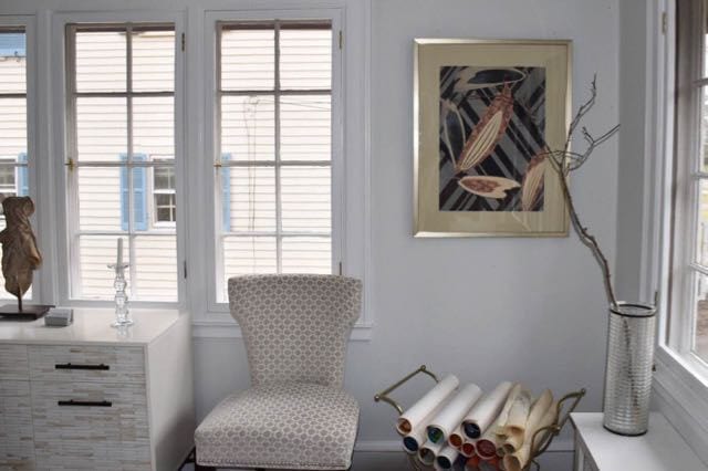 The natural element of the branch pairs perfectly with the vintage print Ginny chose for her home office space. Photo credit: Deb Cohen 