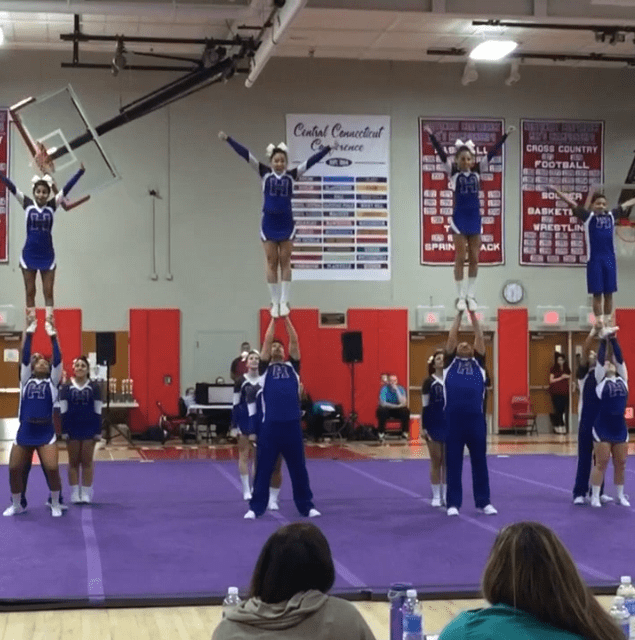 Hall cheerleaders at Connecticut State Championships. Photo courtesy of Danielle Simon