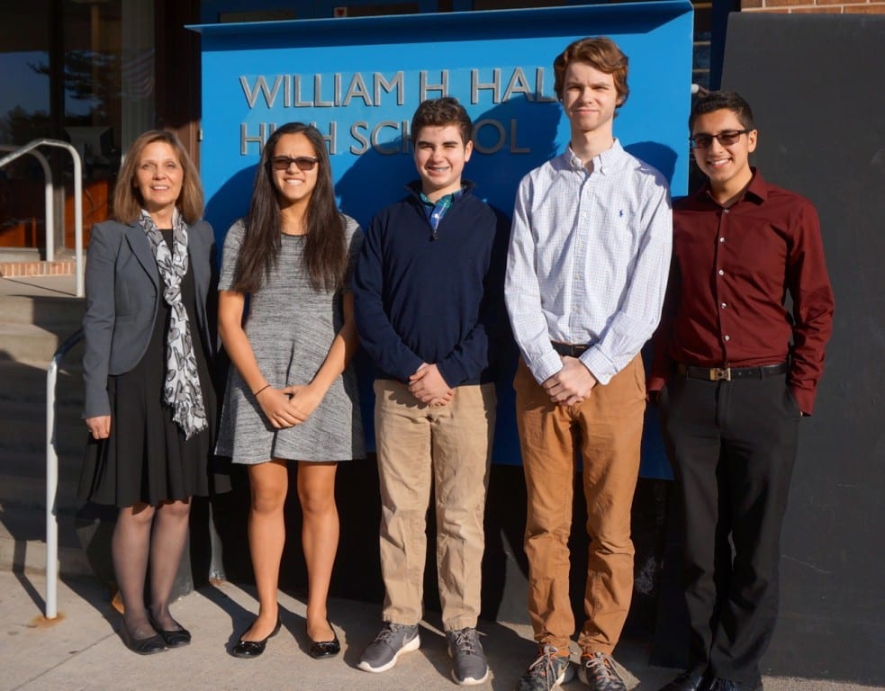 A team at Hall that includes (from left) business teacher Maryanne Taft and students Lexi Nieves, Colin Horan, Brendan Horan, and Armani Nieves hope to make financial literacy a required course. Photo credit: Ronni Newton