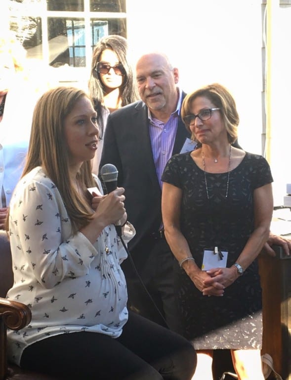 Chelsea Clinton (left) appeared at a fundraiser at the home of Michael Cantor (center) and West Hartford Deputy Mayor Shari Cantor (right). Photo courtesy of Shari Cantor