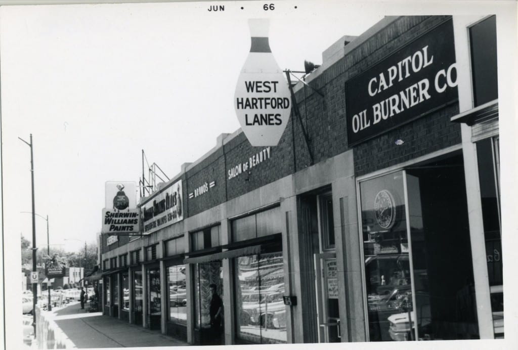 Photograph of West Hartford Lanes, located at 27 LaSalle Rd. at the present location of McLadden’s, on the basement level, ca. 1960. (Submitted by Nancy Griswold)