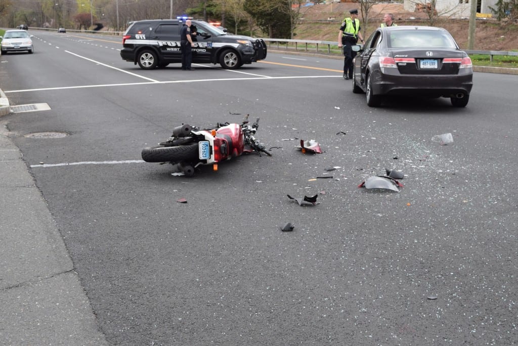 A 1992 Kawasaki motorcycle was destroyed and its driver was sent to the hospital with injuries following a crash on Trout Brook Drive in West Hartford Tuesday morning. Photo courtesy of West Hartford Police