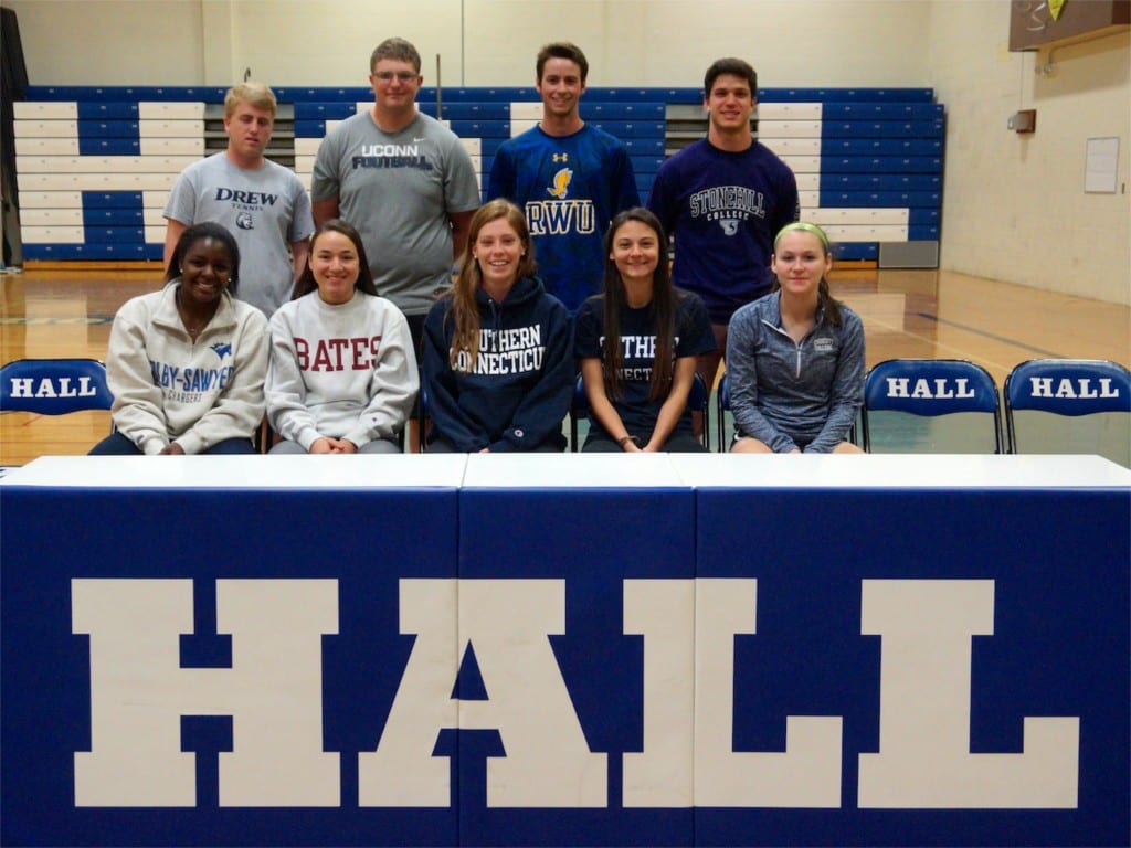 Nine students from Hall High School finalized their commitments to play college sports on April 20, 2016. Front row (from left): Nia Fraser, Mel Binkhorst, Josie Lynch, Emily Rossini, Hannah Merritt. Back row (from left): Geoffrey Diehl, Harrison Newman, Danny Roth, Tyler Strickling. Photo credit: Ronni Newton