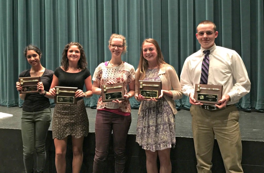 The winner and finalists of KO’s Speakers Forum, an interpretive reading competition, were (from left, in the order in which they finished) Apara Kashyak, Olivia Rossi, Phoebe Taylor, Abby Eberle, and Mark Place. Photo credit: Michelle M. Murphy