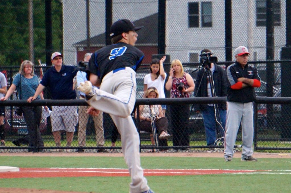 Derek Berube pitched the final inning for Hall. Conard vs. Hall Mayor's Cup. May 23, 201t. Photo credit: Ronni Newton