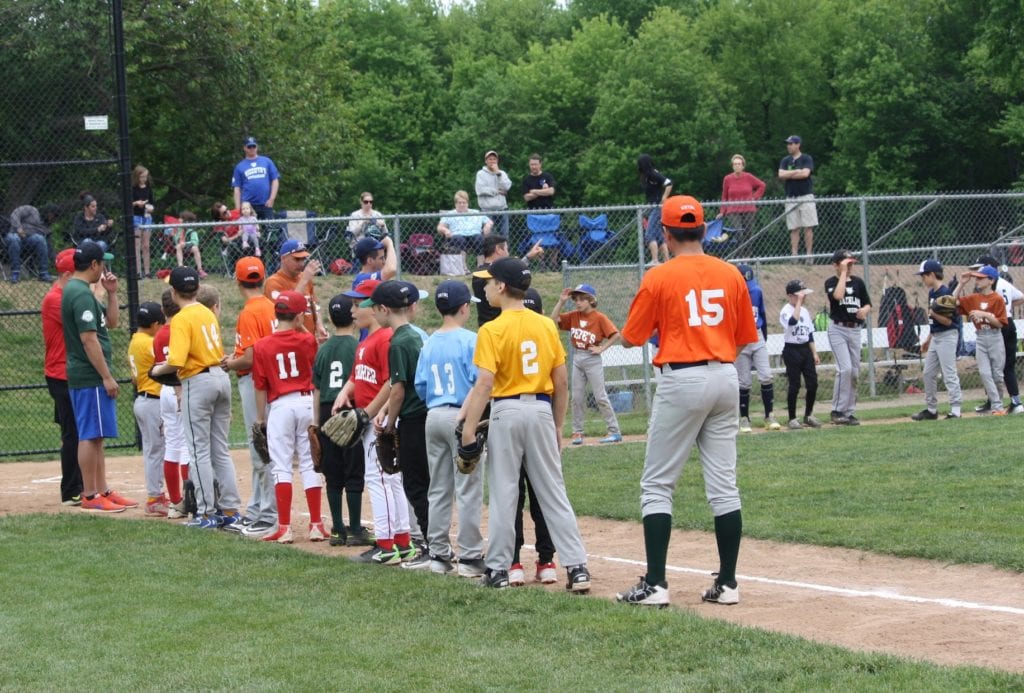 WHYBL Minor League All-Stars line up before the game on May 21. Photo courtesy of Bishop Photo, bishopphoto.com