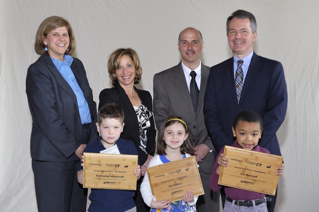 Kindergartener Lily Sabino wins 1st place at the 12th annual eesmarts student contest. She is pictured with other category winners, DEEP's Tracy Babbage, Deputy Mayor Shari Cantor, Stephen Bruno with Eversource and Patrick McDonnell with United Illuminating Company. Submitted photo