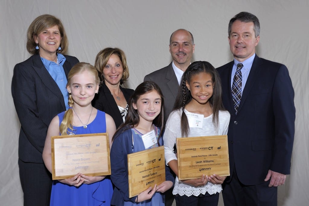 Fifth grader Leah Williams wins 3rd place at the 12th annual eesmarts student contest. She is pictured with other category winners, DEEP's Tracy Babbage, Deputy Mayor Shari Cantor, Stephen Bruno with Eversource and Patrick McDonnell with United Illuminating Company. Submitted photo