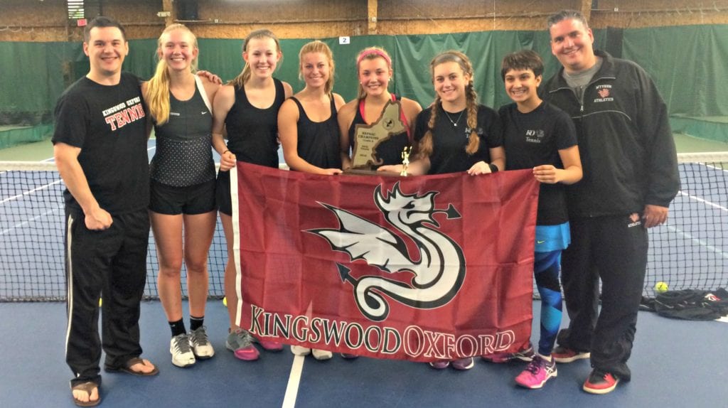 The KO Girls’ Tennis team clinched the New England Championship by beating Choate, 5-0, on May 22. It was the third New England title for the Girls’ team and their first undefeated season since 2009. Photo credit: Debbie Fiske