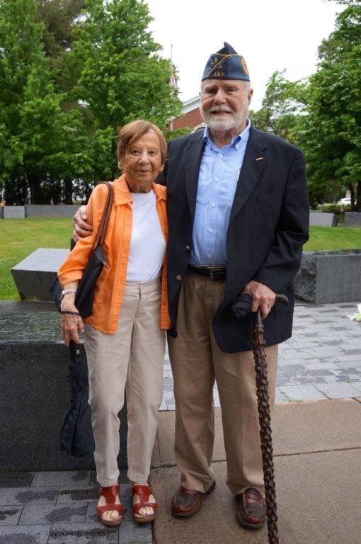 WWII, Korean War, and Vietnam War veteran Jim Tierney and his wife Phyllis visit the Veterans Memorial on Memorial Day. Tierney chaired the committee to build the memorial. Photo credit: Ronni Newton