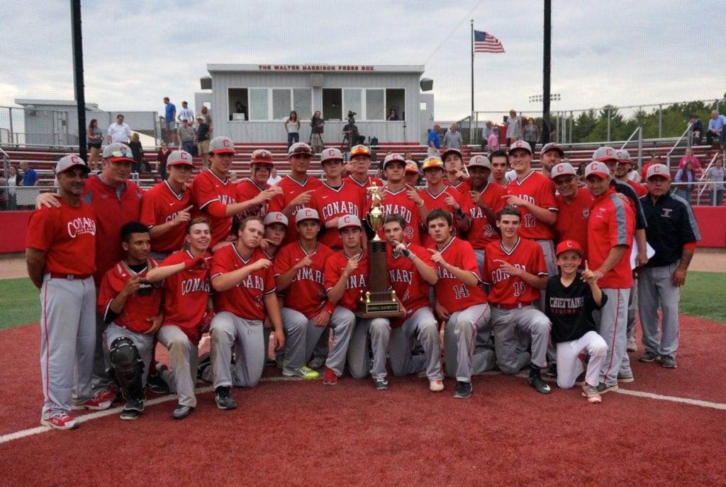The Conard baseball team with the Mayor's Cup trophy after a 3-2 victory over Hall on May 23, 2016. Photo credit: Ronni Newton