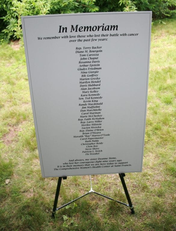 In Memoriam sign at Barbara Gordon’s 9th Annual Fundraiser to benefit the Comprehensive Women’s Health Center at Saint Francis Hospital and Medical Center in West Hartford on June 8, 2016. photo by Joy Taylor