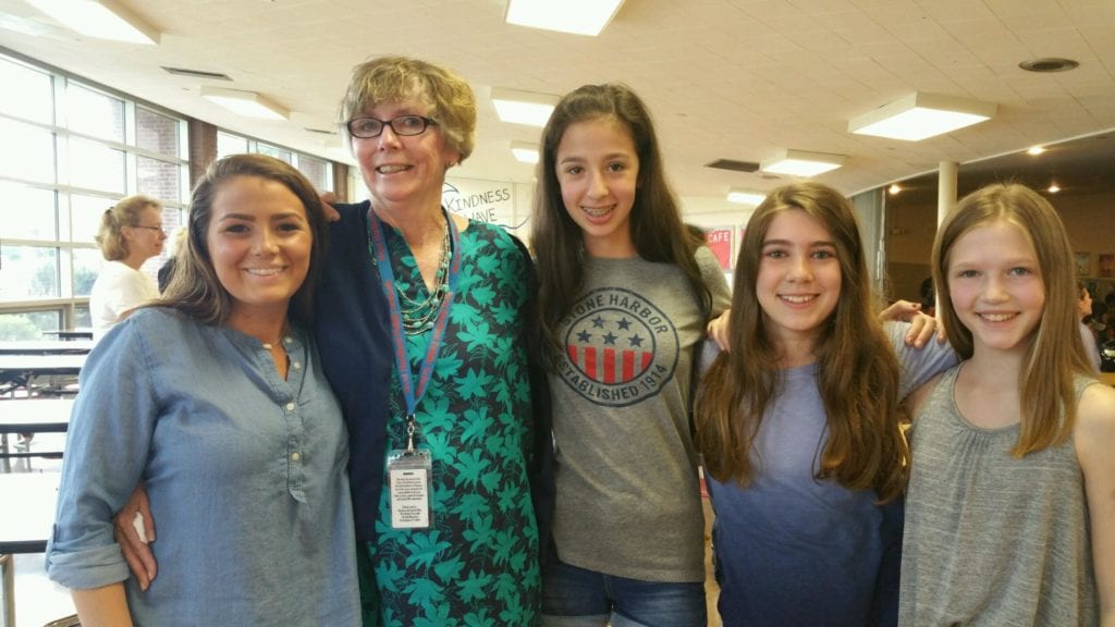 Wolcott kindergarten teacher Donna Gosk has retired and was honored at Town Meeting and visited by former students on Thursday. Photo courtesy of Christine Papadakis