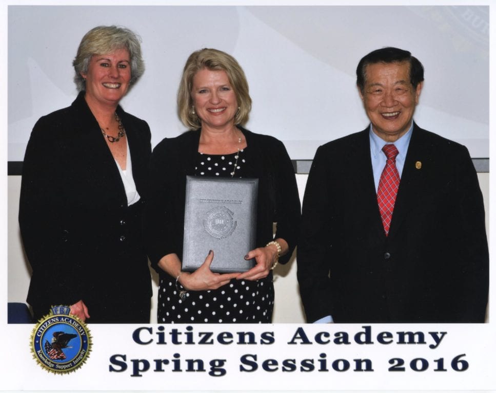 FBI Citizens Academy Graduation (from left): Special Agent in Charge Patricia M. Ferrick; Citizens Academy Graduate Annie Keith; Keynote Speaker, famed forensic scientist, Dr. Henry C. Lee. Submitted photo