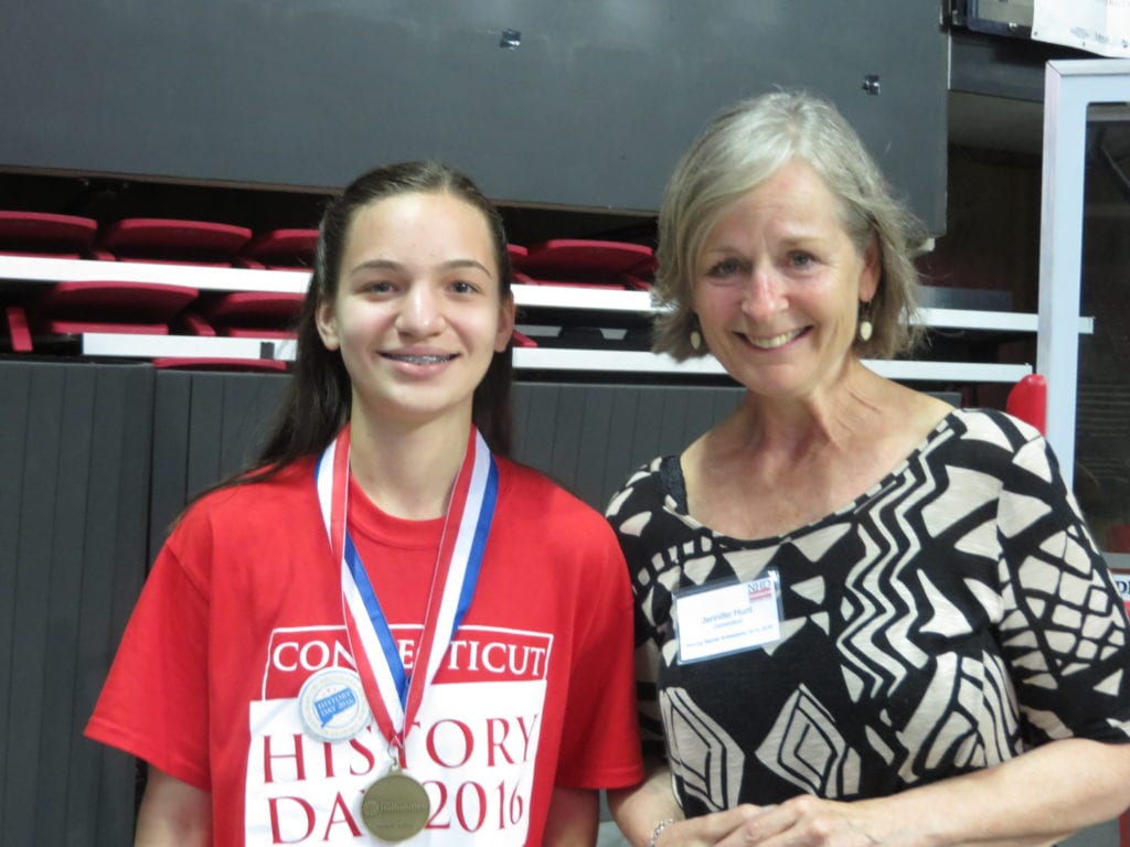 National History Day winner Mia Porcello (left) with Connecticut History Day teacher Jennifer Hunt. Submitted photo