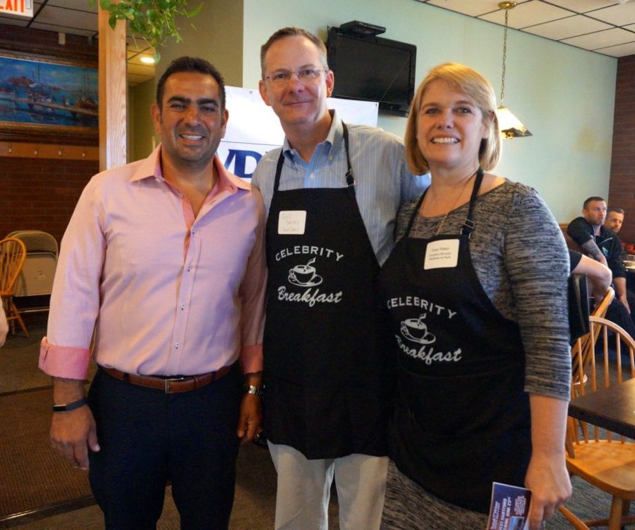 Park Road Association Co-Presidents Johnny Paindiris (left) and Tracy Flater (right) with Town Council member Chris Barnes. Celebrity Breakfast. June 14, 2016. Photo credit: Ronni Newton