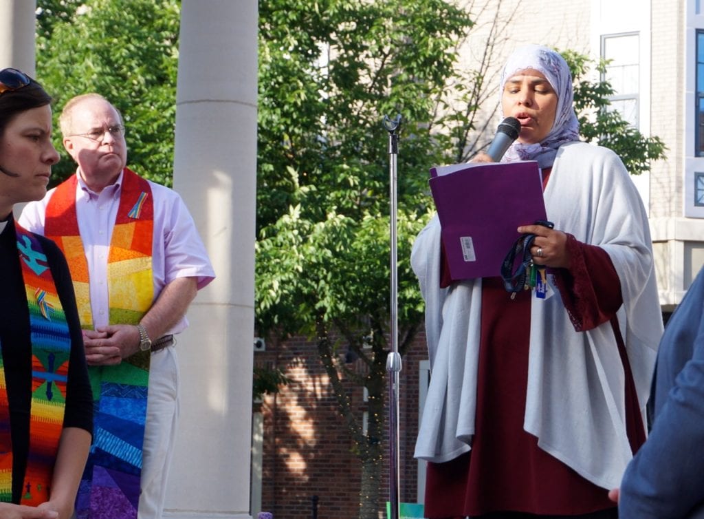 Muslim Coalition of Connecticut President Aida Monsoor speaks to the crowd. Vigil, June 15, 2016. Photo credit: Ronni Newton