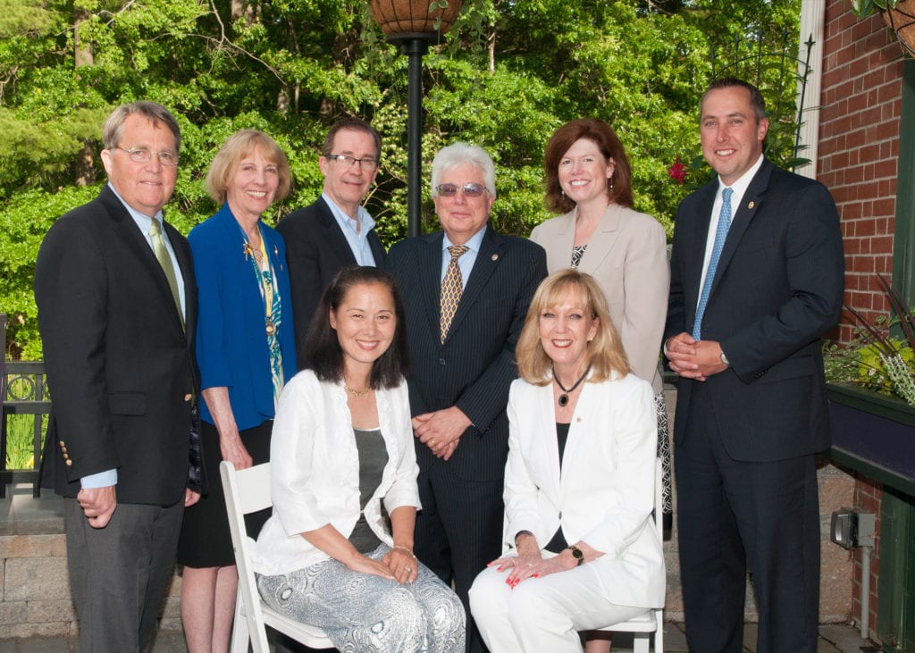 The Rotary Club of West Hartford’s 2016-2017 Board of Directors, from left (back row):  John Smeallie, Eileen Rau, Tom Wood, Robert J. Kor, Christine Looby, and Kyle Egress. (Front row):  Donna Griffen, Susan Chandler. Photo credit: Cindy Lang, Cynthia R. Lang Photography