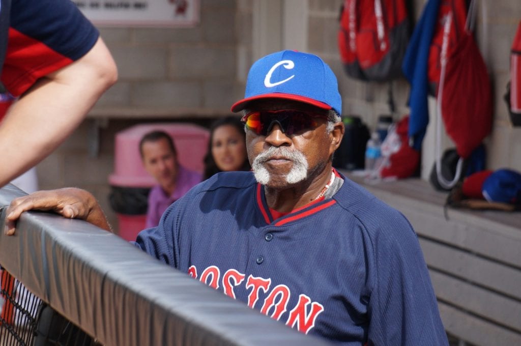 Luis Tiant, a former Red Sox star and native of Cuba, watches from the Team Cuba dugout. USA-Cuba Goodwill Tour. University of Hartford. July 11, 2016. Photo credit: Ronni Newton