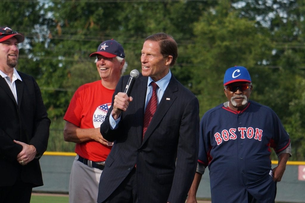 U.S. Sen. Richard Blumenthal said both teams are "stars" for what they are doing as diplomats. USA-Cuba Goodwill Tour. University of Hartford. July 11, 2016. Photo credit: Ronni Newton