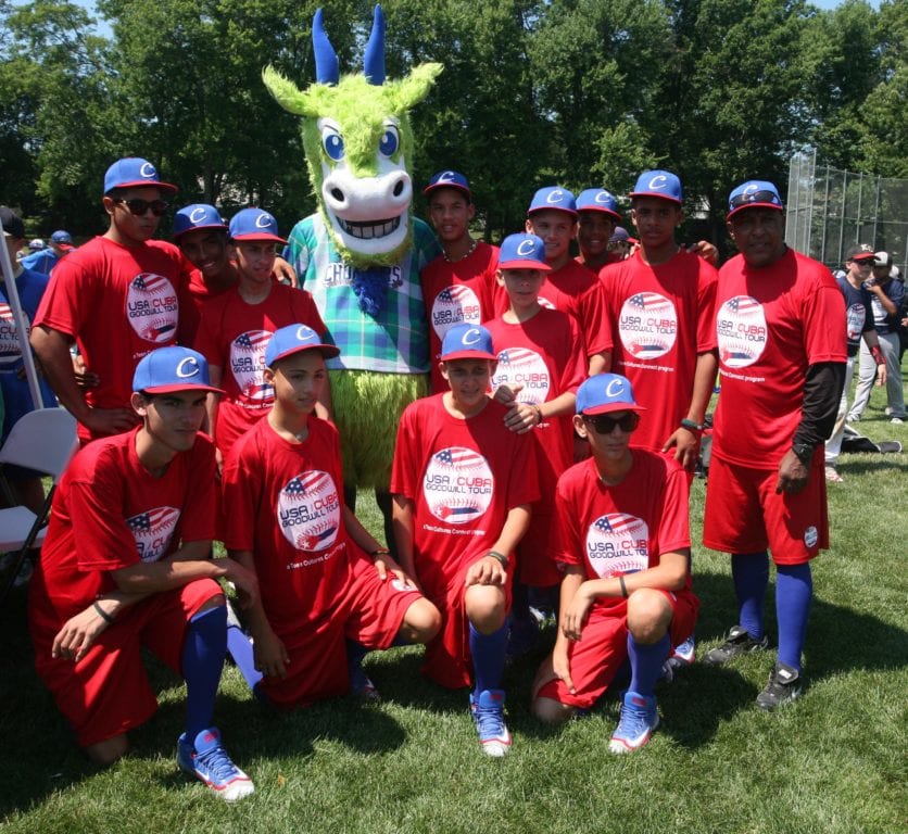Chompers, one of the Yard Goats' mascots, attended the clinic on Wednesday. Photo credit: Gary Cohen