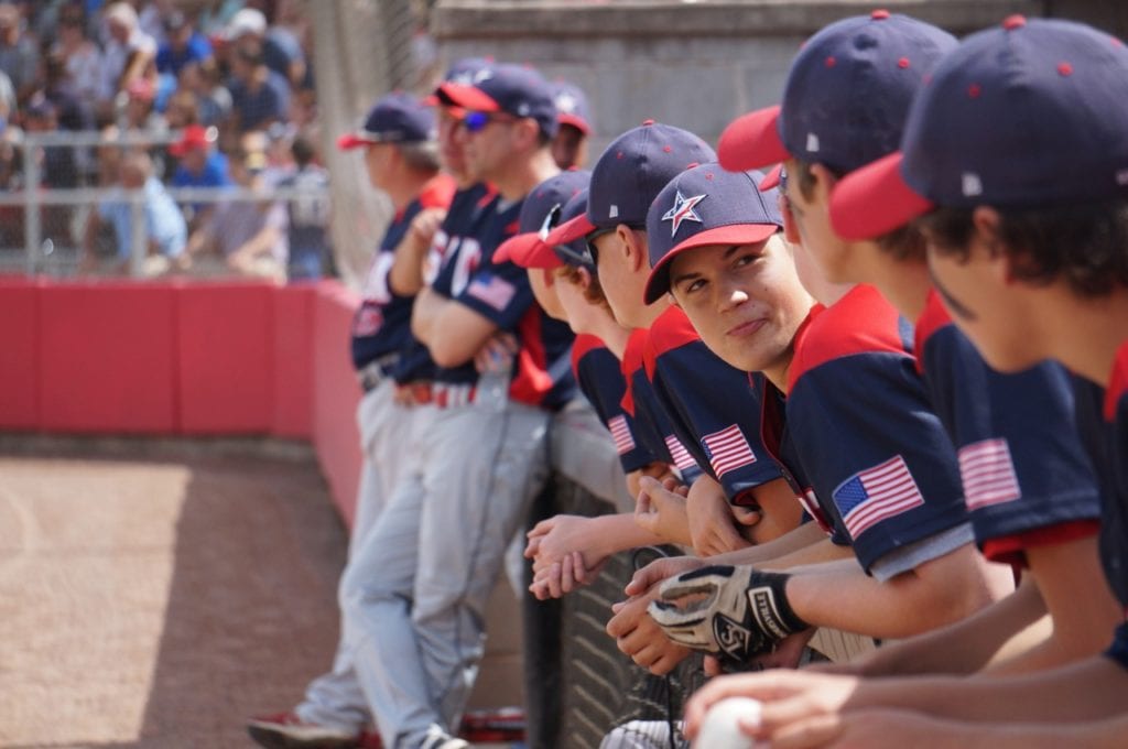 Team USA watches from the dugout. USA-Cuba Goodwill Tour. University of Hartford. July 11, 2016. Photo credit: Ronni Newton