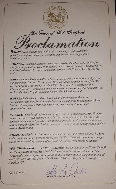 Proclamation honoring Charlie Hilborn. Courtesy photo