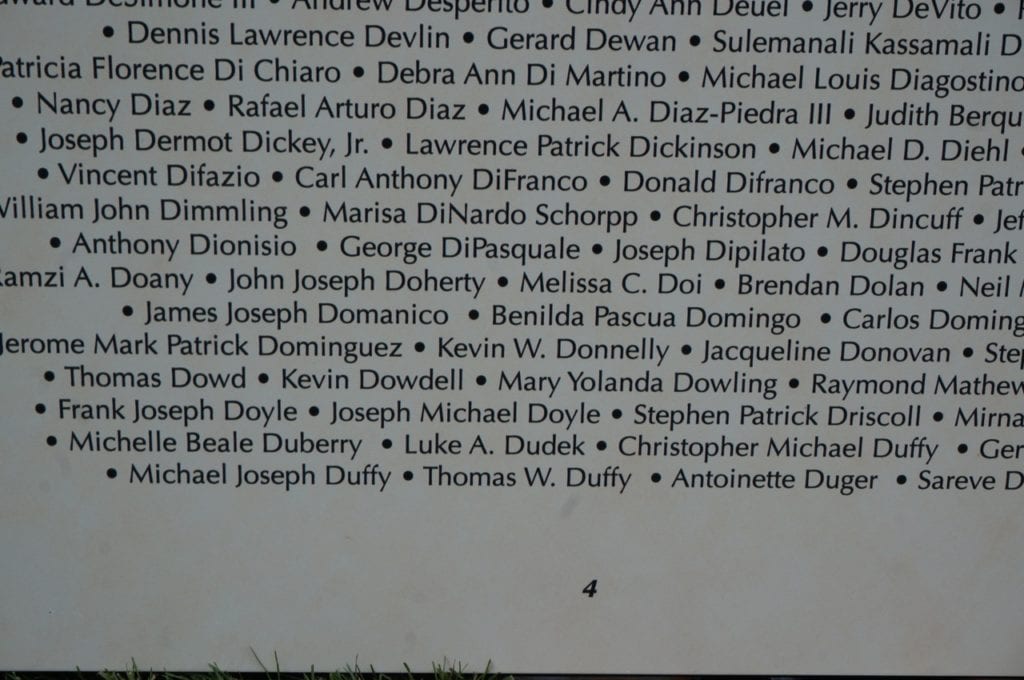 The name of Thomas W. Duffy, inscribed on the bottom row of the fourth panel, has personal meaning to me. He was a former manager of mine at Marsh USA, and perished in the World Trade Center on 9/11. Photo credit: Ronni Newton
