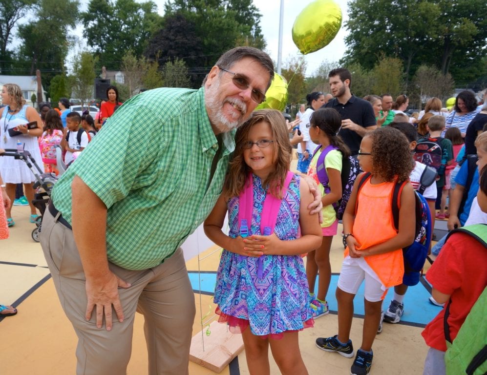 Charter Oak PTO Co-President Keith Griffin with his daughter, Christina. Aug. 31, 2016. Photo credit: Ronni Newton