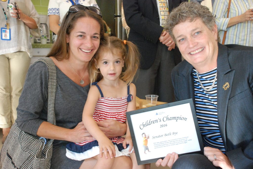 State Sen. Beth Bye (right) at a ceremony Friday honoring her as a Children's Champion. Submitted photo