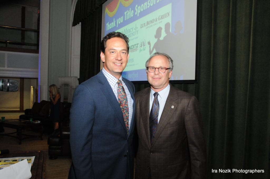 NBC Connecticut's Brad Drazen (emcee for the event) with Lux Bond & Green President & CEO John Green right before announcing the first winners at the Best of West Hartford 2016 Awards Show. Lux Bond & Green is a Title Sponsor. Photo credit: Ira Nozik Photographers