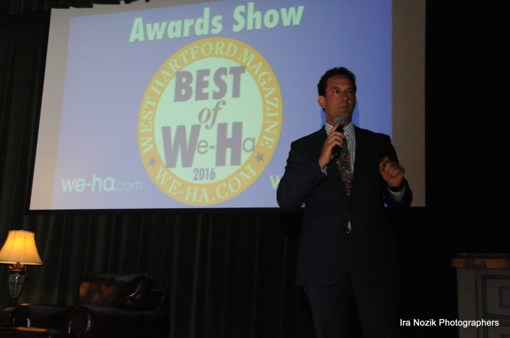 NBC Connecticut's Brad Drazen gets the awards portion started at the Best of West Hartford 2016 Awards Show. Photo credit: Ira Nozik Photographers