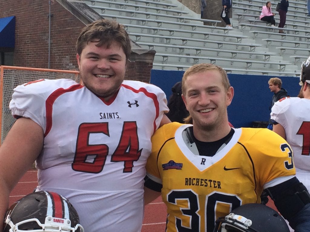 Conard alumni Michael FIsher (left) and Ryan Bell were on opposite sides of the field when their college teams faced off. Photo courtesy of the Bell family