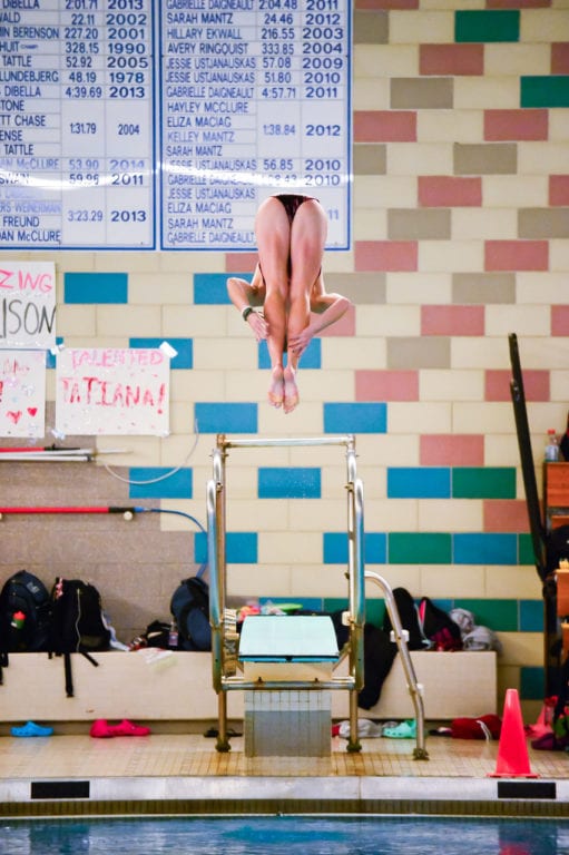 Conard's Libby McMahon broke 200 points for a first-place finish in the diving competition. Photo credit: Andy Stabnick, Low Tide Photography