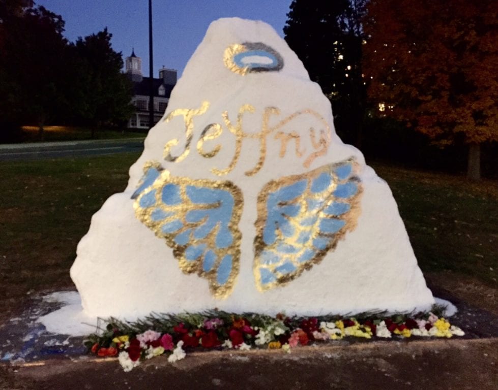 The iconic rock on UConn's Storrs campus was painted by close friends Monday night to honor Jeffny Pally. Photo credit: Ronni Newton