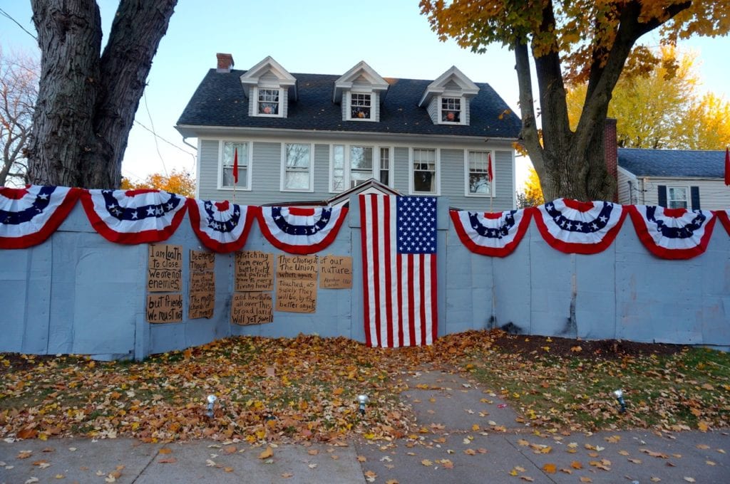 Matt Warshauer's home on North Main Street in West Hartford has been transformed from its politically-oriented Halloween scene with a message of hope for Election Day and beyond. Photo credit: Ronni Newton