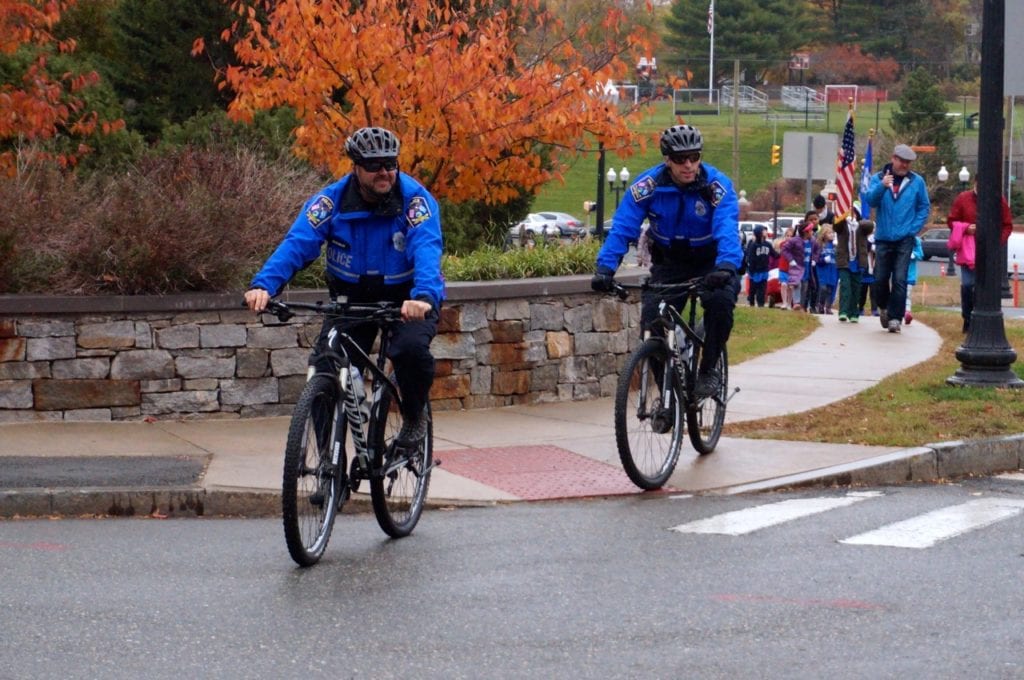 West Hartford Police bicycle officers lead the Morley Red Wagon Food Drive, Nov. 9, 2016. Photo credit: Ronni Newton