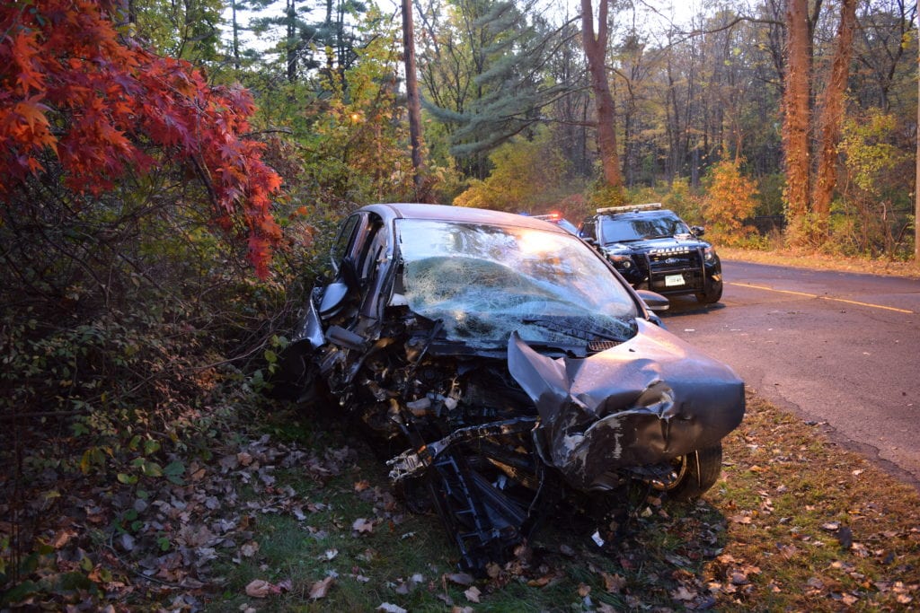 The driver of this 2013 Ford C-Max, Charles Narwold of West Hartford, was seriously injured. Photo courtesy of West Hartford Police