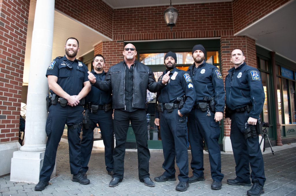 Goldberg (third from left) poses with members of the West Hartford Police Department (from left) officers Tyler, Teeter, Gagnon, Dudzinski and Sgt. Creaco Tuesday morning. Photo credit: Cheyney Barrieau
