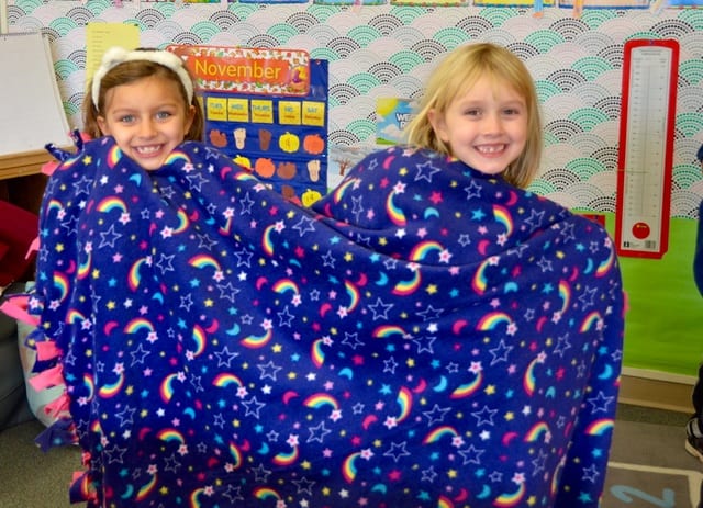 Renbrook first graders make blankets for Connecticut Children's Medical Center patients. Submitted photo