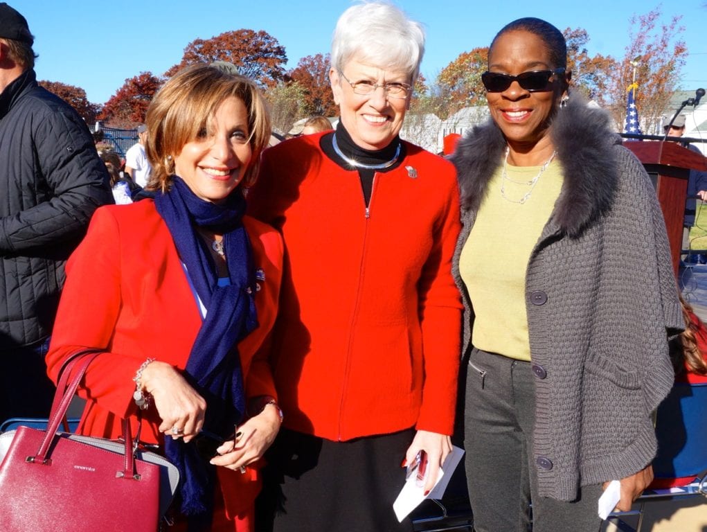 From left: West Hartford Mayor Shari, Lt. Gov. Nancy Wyman, and CT Treasurer Denise Nappier. Veterans Day 2016. Photo credit: Ronni Newton